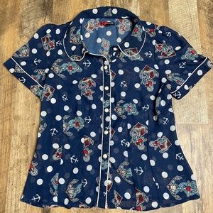 Hell Bunny Oceana Nautical Sailor blouse polka dot anchor print Size small